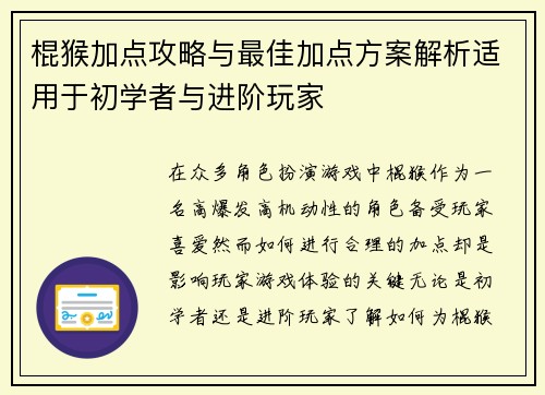棍猴加点攻略与最佳加点方案解析适用于初学者与进阶玩家